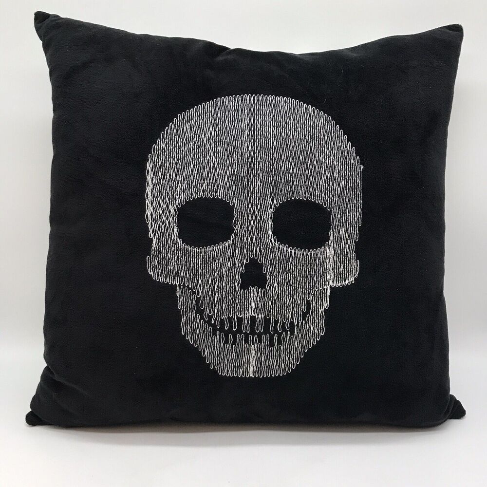 Skeleton Skull & Coffins Square Throw Pillow Plush Black White Gothic Decor 15"